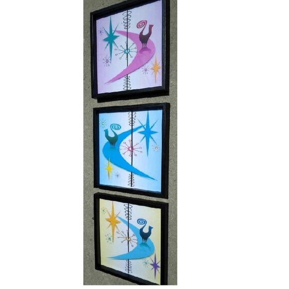 Retro Snooty Cats Triptych (3 Framed Panels) Original Art Prints Under Glass - Picture 4 of 7